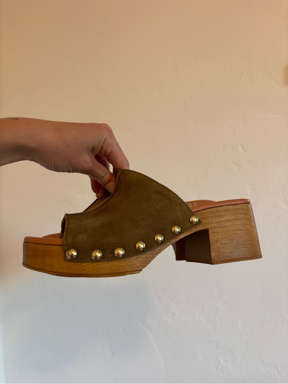 David Tyler Suede Studded Platform Mules in Olive Size 7